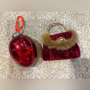 Vintage Red Velvet Purse Ornament with Fur Trim and Beautiful Red Round Ornament